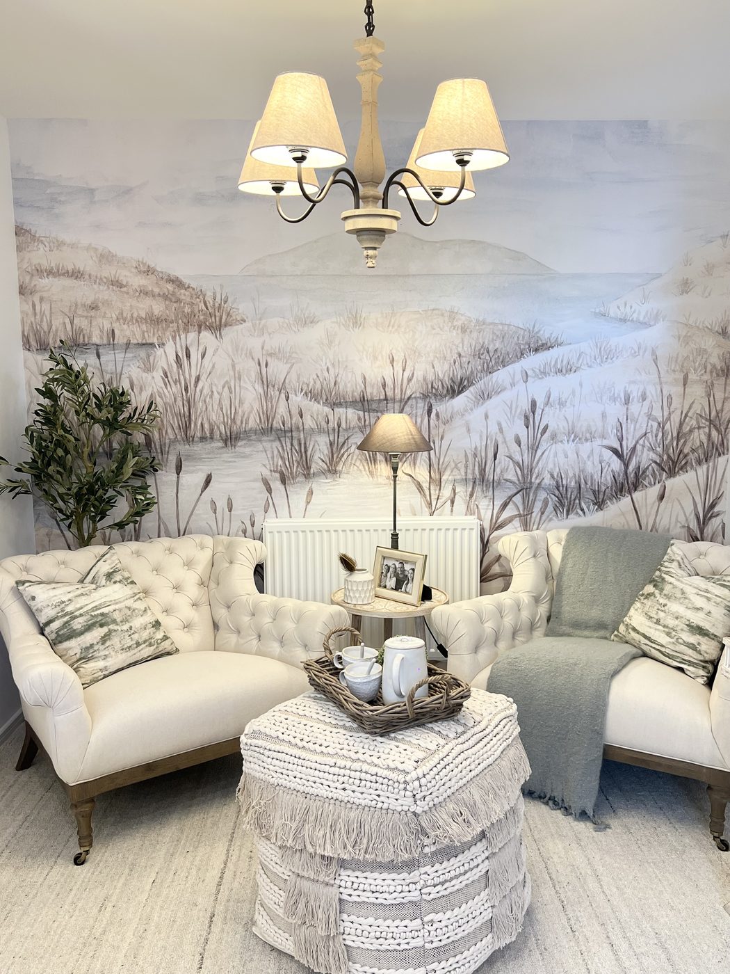 Lounge with hand-painted landscape mural
